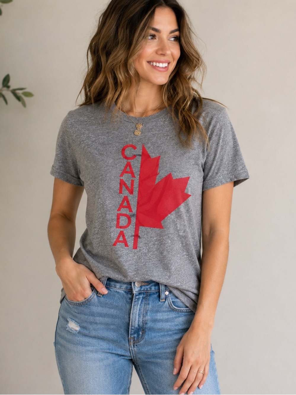 Canada Maple Leaf Graphic T Shirt Red Gray Vintage Style S/P